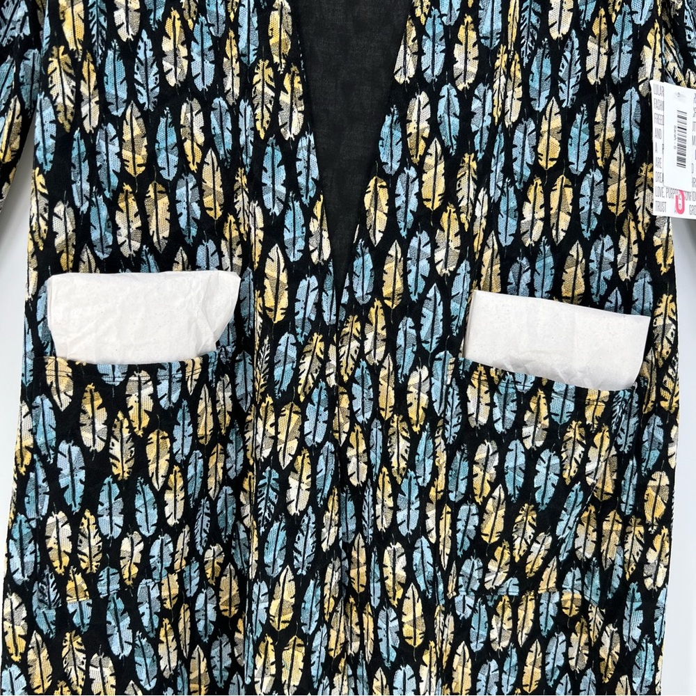 LuLaRoe Sarah Womens Duster Cardigan Small Blue With Feather Pattern Long Sleeve - Picture 4 of 6